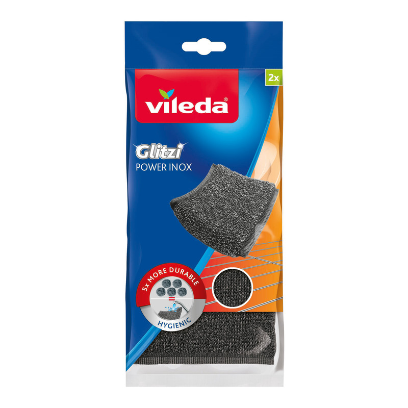 Das Bild zeigt den verpackten Vileda® Glitzi Power Inox Schwamm.