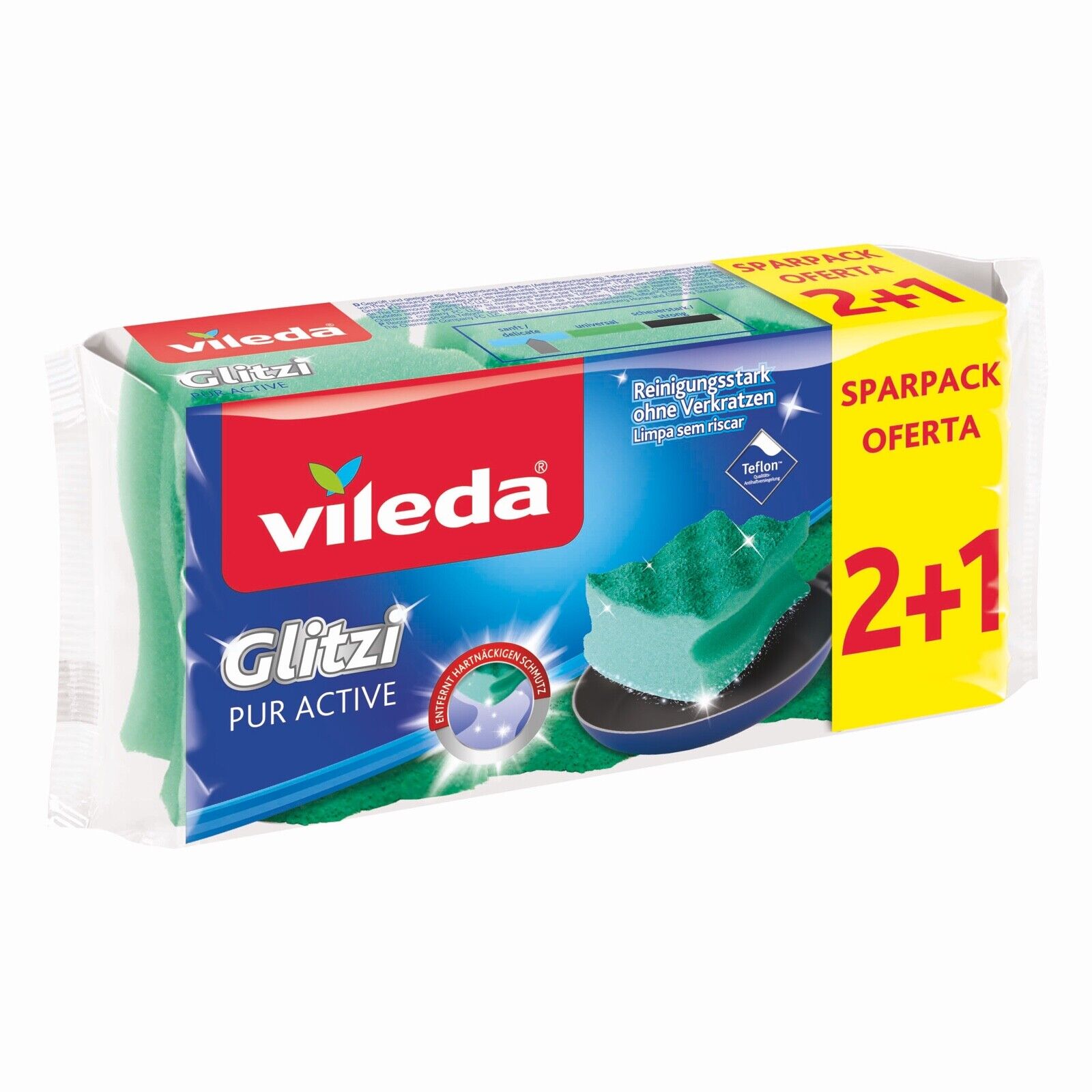 Das Bild zeigt den verpackten Vileda® Glitzi pur active Topf-Schwamm