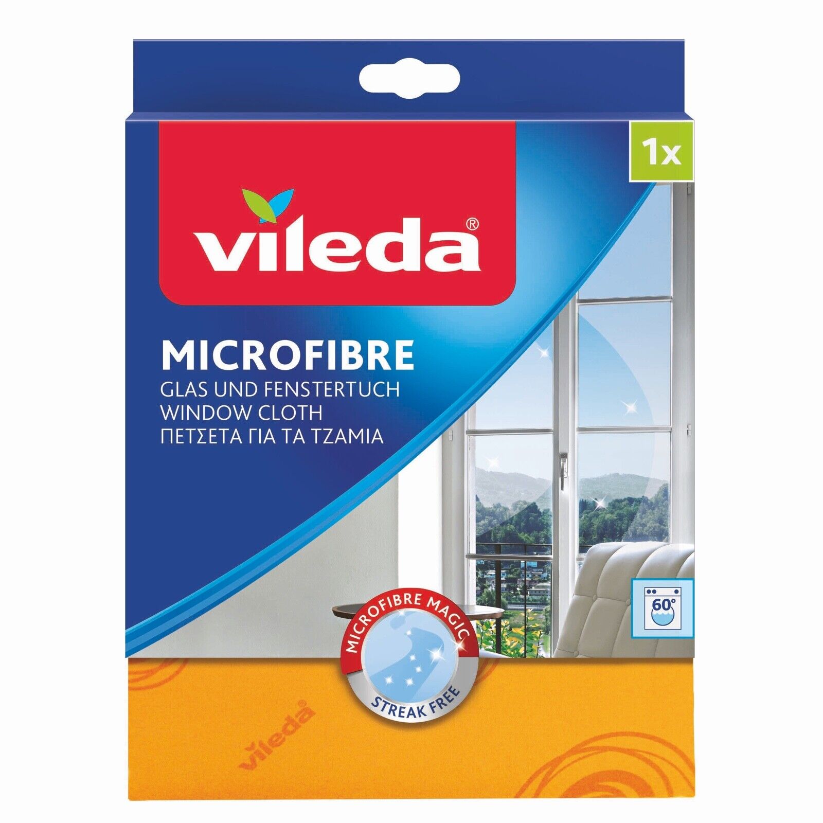 Das Bild zeigt das verpackte Vileda Fenstertuch Microfibre