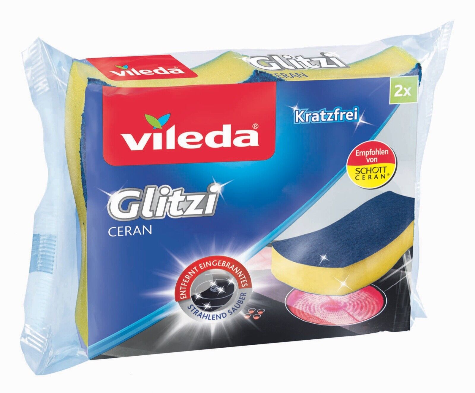 Das Bild zeigt den verpackten Vileda® Glitzi ceran Schwamm.