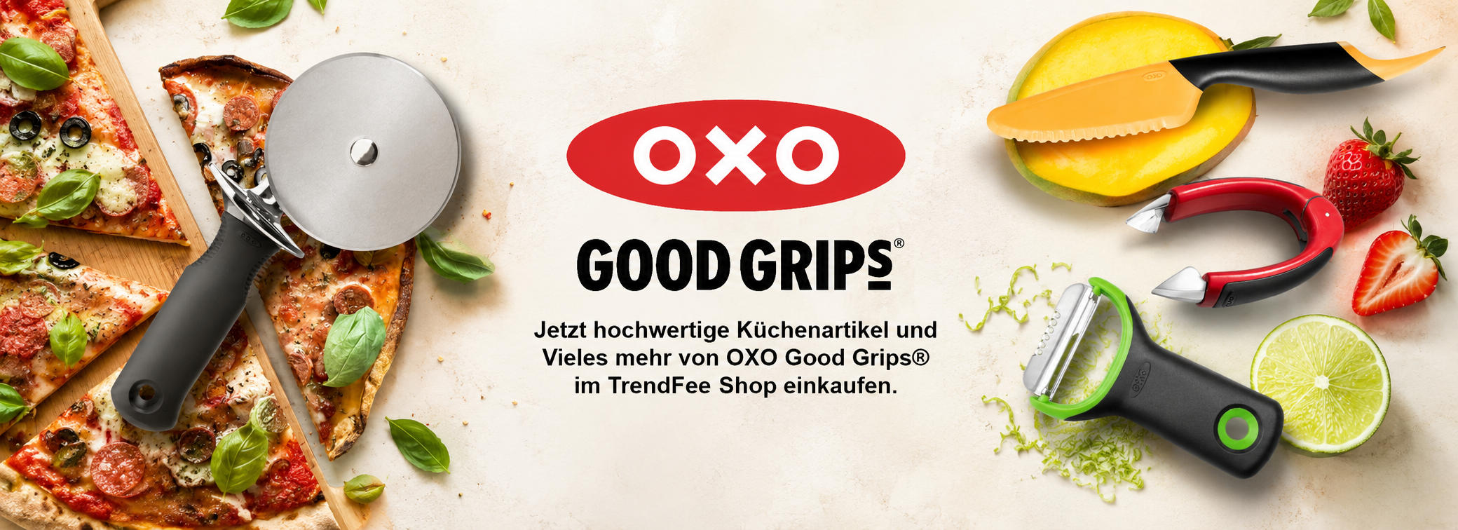 Dieses Bild zeigt einen Ausschnitt aus unserem Produktportfolio an hochwertigen Küchenutensilien wie Pizzaschneidern, Schälern, Messern und Weiterem von der Marke OXO Good Grips.